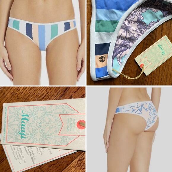 New $145 Maaji Women's Blue Striped Cielo Branco Reversible Bikini Bottom MED - Picture 1 of 16